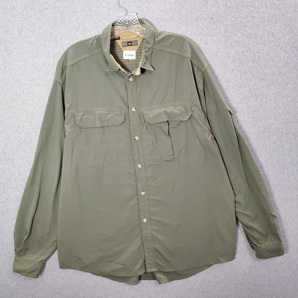 REI Men Button Up Shirt Large Olive Nylon Mesh Lined‎ Outdoor Hiking Pockets